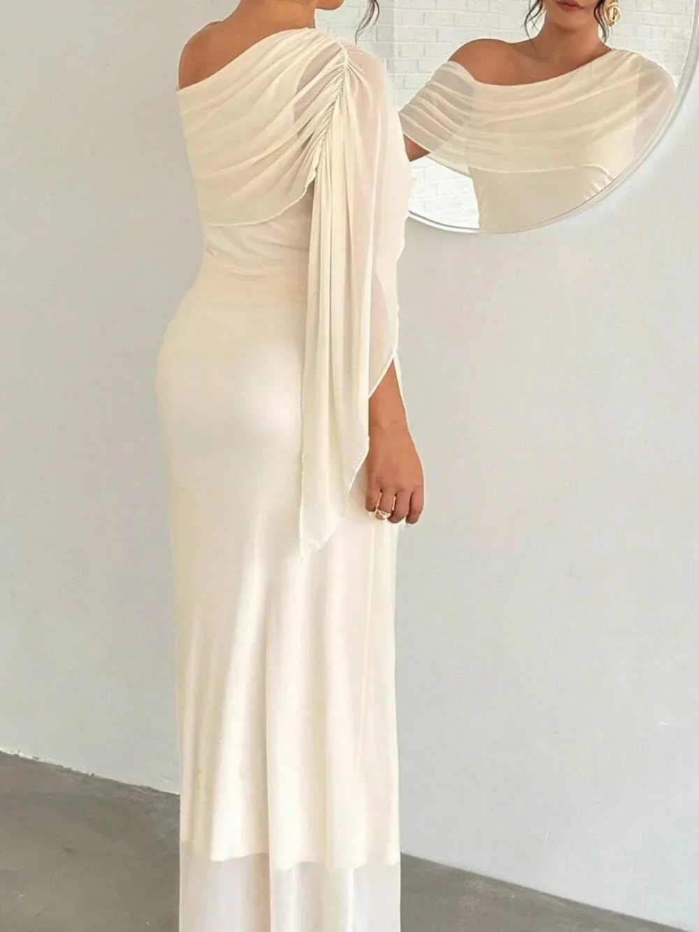 Apricot Elegant Women's Ruched Asymmetrical One Shoulder Long Pencil Dress